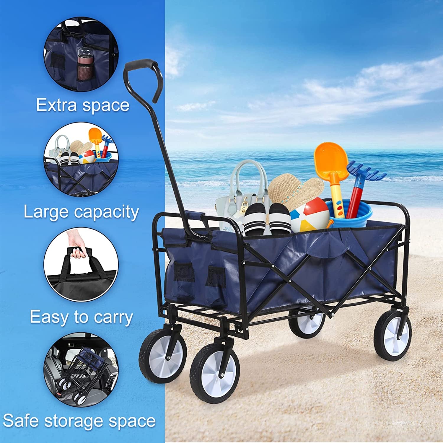 Wagon Rolling Collapsible  360 Degree Swivel Wheels -Garden Cart Camping Wagon, Adjustable Handle, 220lbs Weight Capacity - Blue