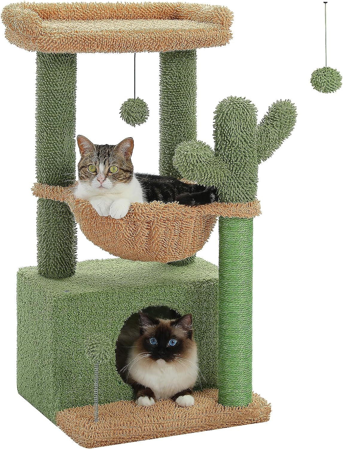 4-in-1 Cactus Cat Tree: A Spacious and Comfortable Cat Tower for Indoor Cats with a Large Condo, Scratching Post, Hammock, and Cozy Top Perch in Green Color - 33''=84CM