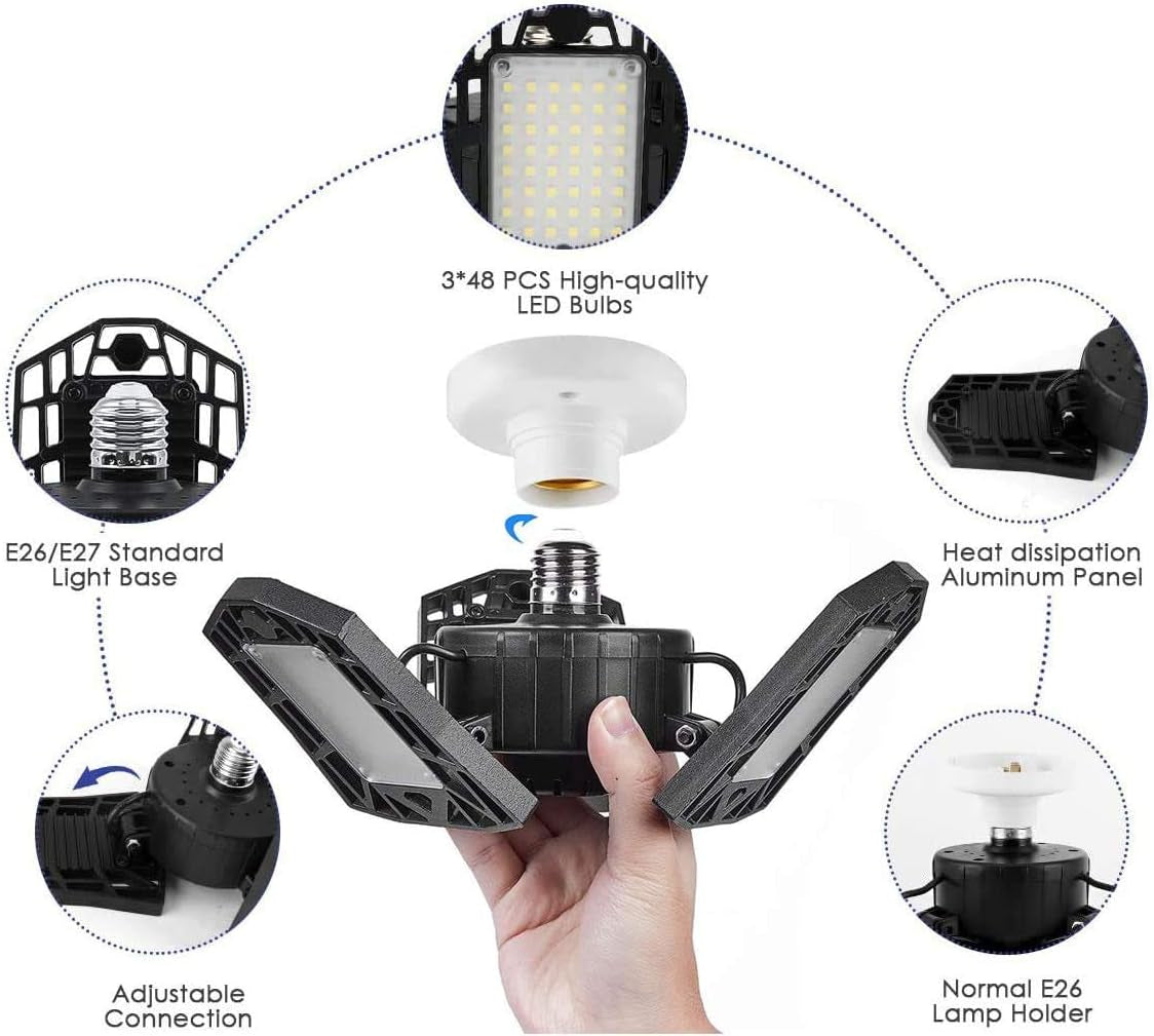 LED Garage Ceiling Light - 6000 Lumen 6500K Daylight 60W, Three Leaf Garage Lighting - Pack of 2