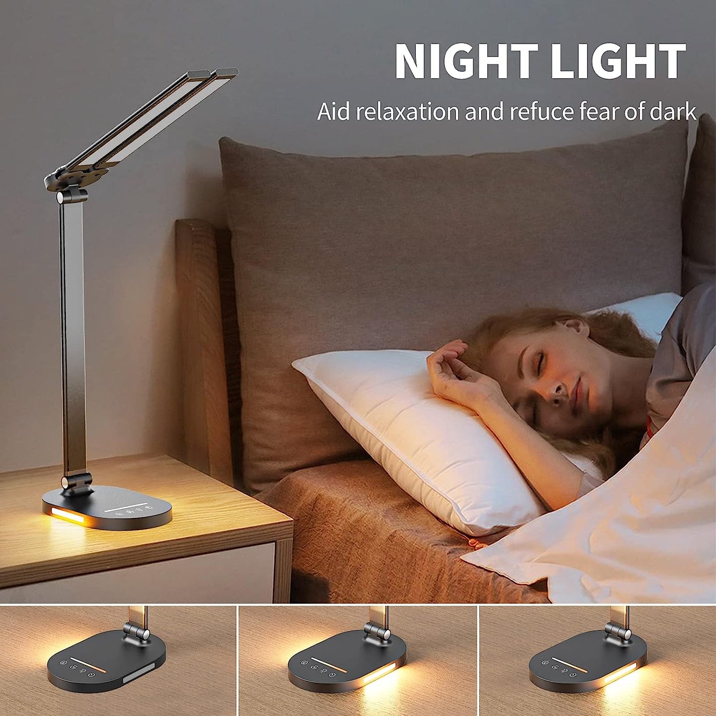 Dual Swing Arm LED Desk Lamp: Equipped with USB Charging Port and Night Light Function. This Desk Lamp offers 5 Color Modes, 5 Brightness Levels, and Touch Control. Ideal for Desktop, Office, or Table Use with Convenient Plug.