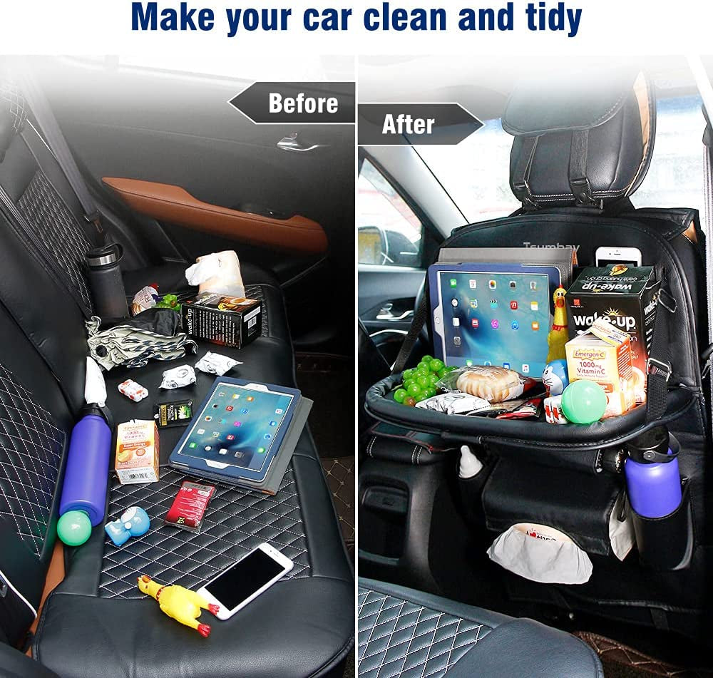 Car Organizer Backseat: Featuring a Foldable Tray Table and 8 Storage Pockets. Made of Waterproof PU Leather, includes Tablet Pocket, Tissue Box, and Car Seat Protector Kids Kick Mat. Multifunctional Car Organizer sold as a 1-Piece set.