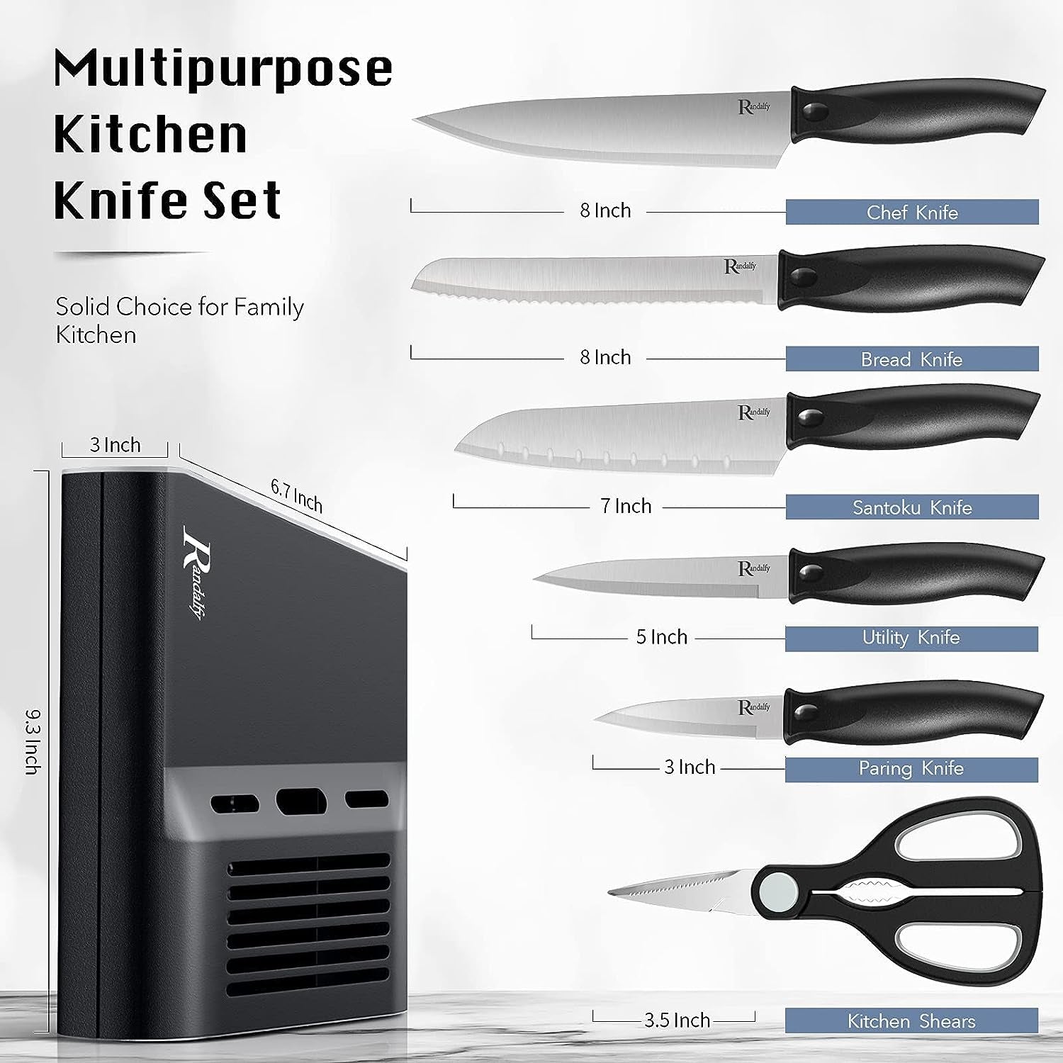 7-Piece Chef Knife Set with Block - Includes a Variety of Knives, Scissors, and a Block; Ideal for Chopping, Slicing, Dicing, and Cutting Meat, Vegetables, and Fruits; Silver Color.