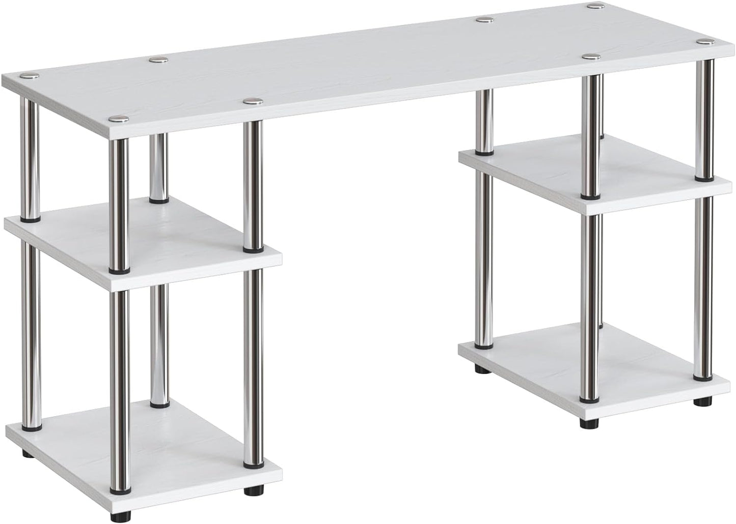 Spacious Computer Desk with Storage Shelves - Contemporary Laptop Table for Study, Writing, and Gaming - Sleek and Minimalist Design - Ideal for Home Office - White Metal Frame