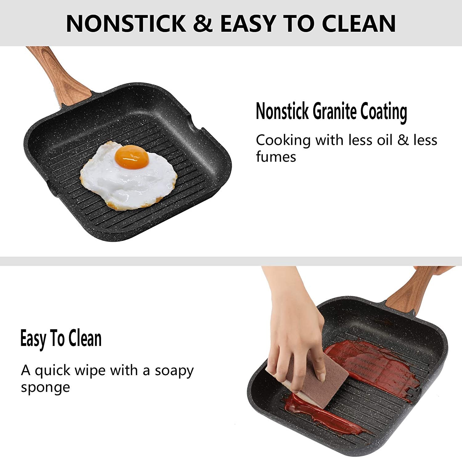 9.5 Inch Nonstick Grill Pan with Lid for Stove Tops, Induction Compatible, PFOA & PTFEs Free