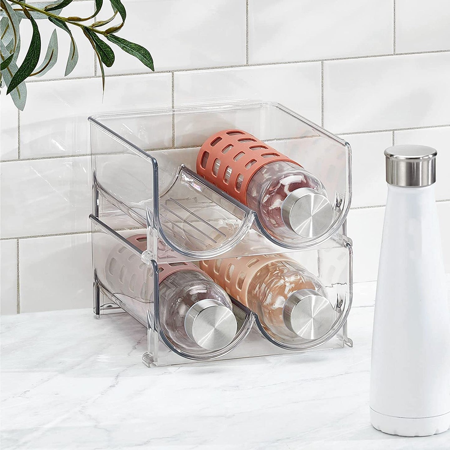 Plastic Free-Standing Wine Rack Storage Organizer: Designed for Kitchen Countertops, Table Tops, Pantry, and Fridge - Holds Wine, Beer, Pop/Soda, Water Bottles - Stackable, Each Rack Holds 2 Bottles, Comes in a Pack of 2 in Clear.