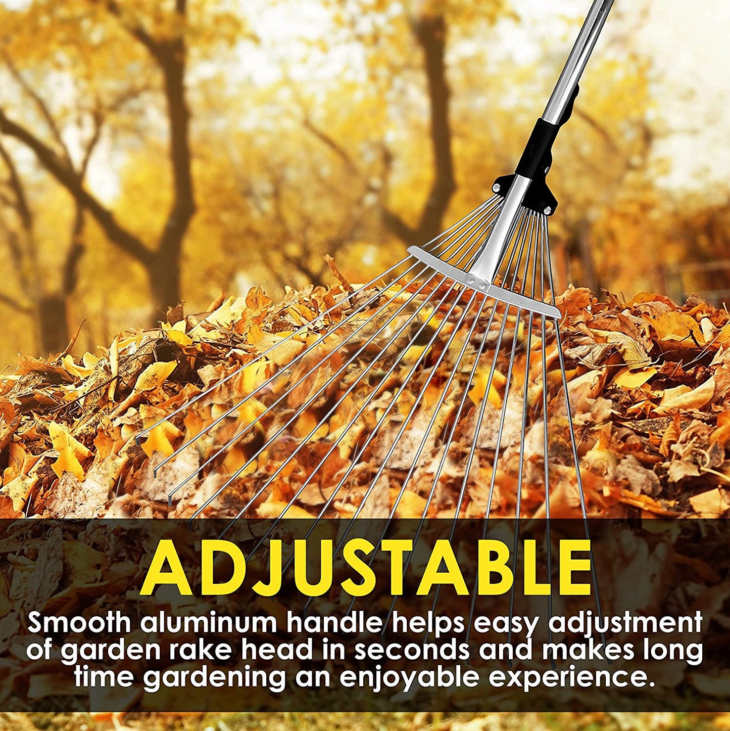 Heavy-Duty Garden Leaf Rake with 63.5 Inch Telescopic Handle: Adjustable Width, Lightweight Metal Rake with 15 Large Tines for Effortless Lawn and Yard Cleanup