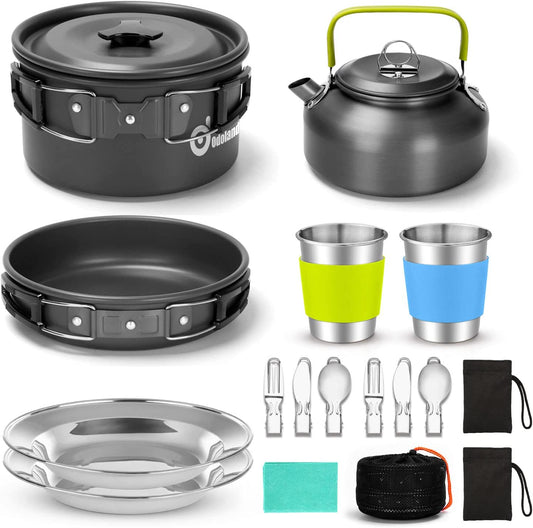 15-Piece Camping Cookware Mess Kit - Lightweight Non-Stick Pot, Pan, and Kettle Set, Includes Stainless Steel Cups, Plates, Forks, Knives, and Spoons; Perfect for Outdoor Cooking, Camping, Backpacking, and Picnics.