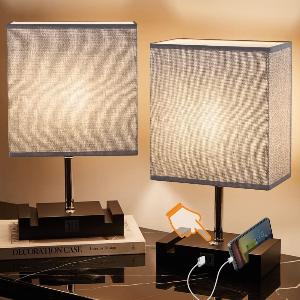 Set of 2 Modern Touch Control Table Lamps with LED Bulbs: 3-Way Dimmable Bedside Lamps featuring Built-in Dual USB Charging Ports and 2 Phone Stands, Perfect for Study, Bedroom, Living Room, or Office