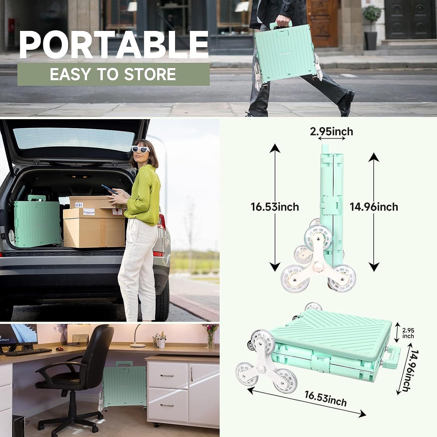 Rolling Storage Cart on Stair Climbing Wheels - Features a Foldable Crate with a 65L Large Capacity, Telescoping Handle, and is designed for transporting Grocery, Office, School, Tool, and Art Supplies. Available in Light Green.