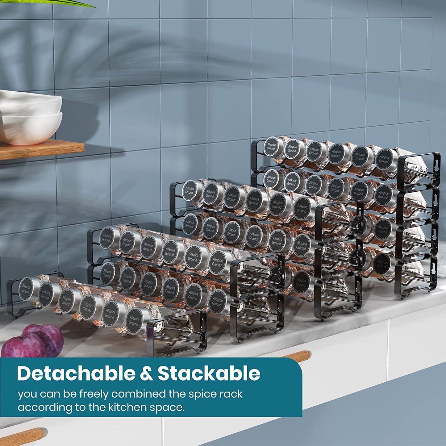 4-Tier Spice Rack with 24 Glass Jars, Labels, Marker, Funnel - Wall Mounted or Free Standing.