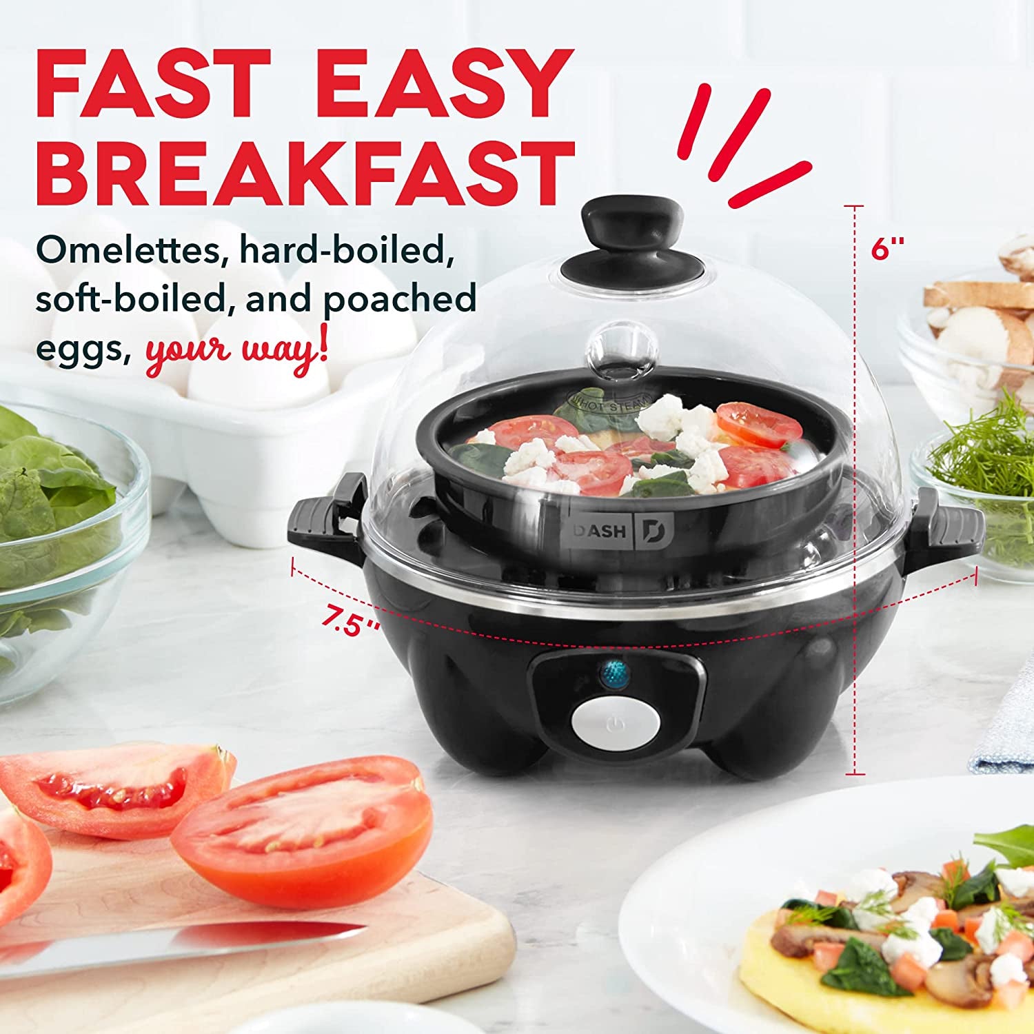 Electric Cooker for Eggs: Rapid 6 Capacity Cooker for Hard Boiled, Poached, Scrambled Eggs, or Omelets with Auto Shut Off Feature - Black, One Size.