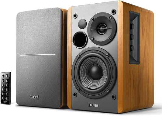 Wireless Studio Monitors: R1280DB Powered Bookshelf Speakers - Optical Input - 4 Inch Near Field Speaker - 42W RMS - Wood Grain Finish