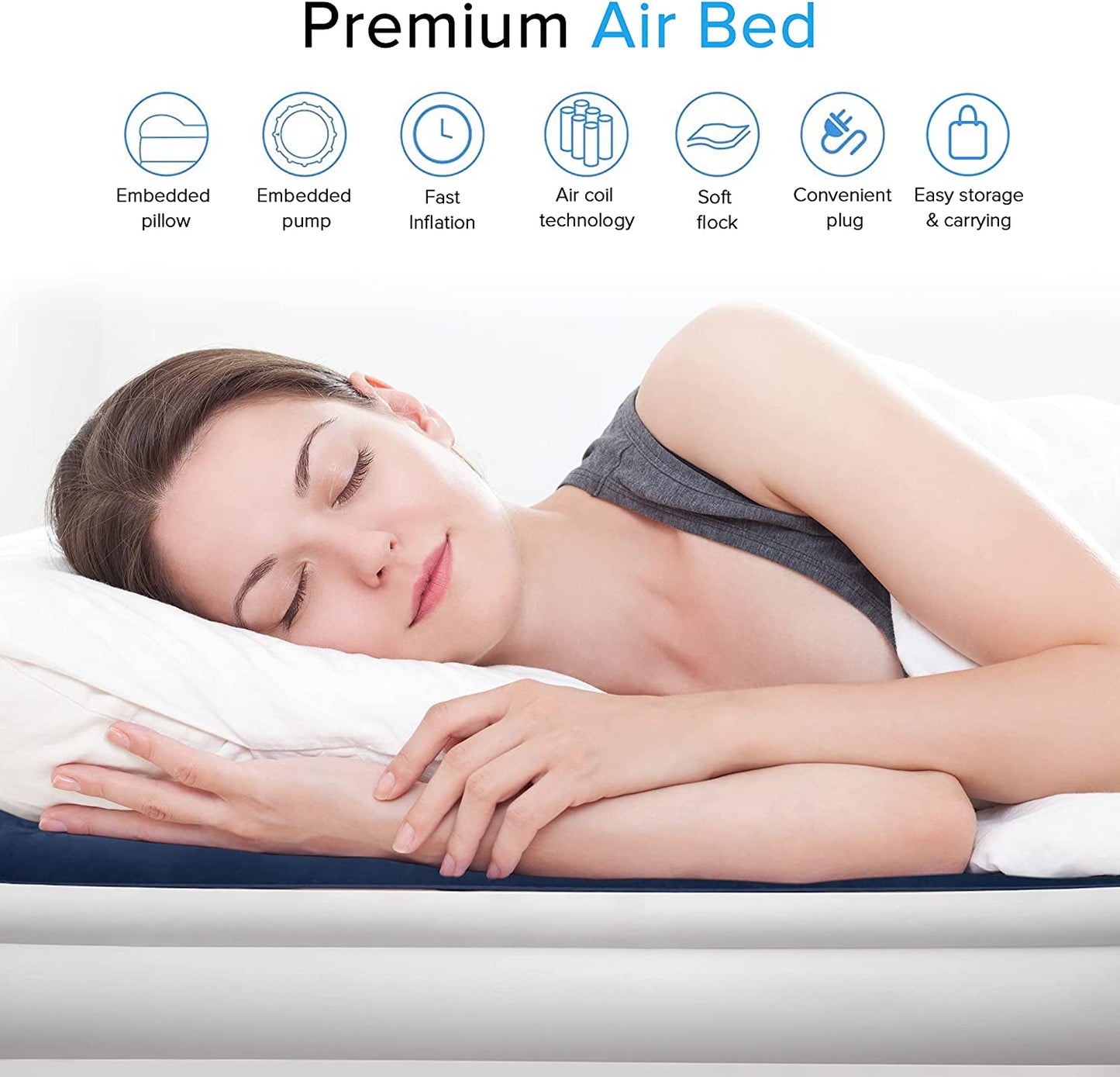Queen Size Inflatable Air Bed with Built-in Pump for 1-2 Persons, Premium Flocked Material, Rapid 3-Minute Inflation/Deflation, Perfect for Home and Camping, Includes Convenient Storage Bag.