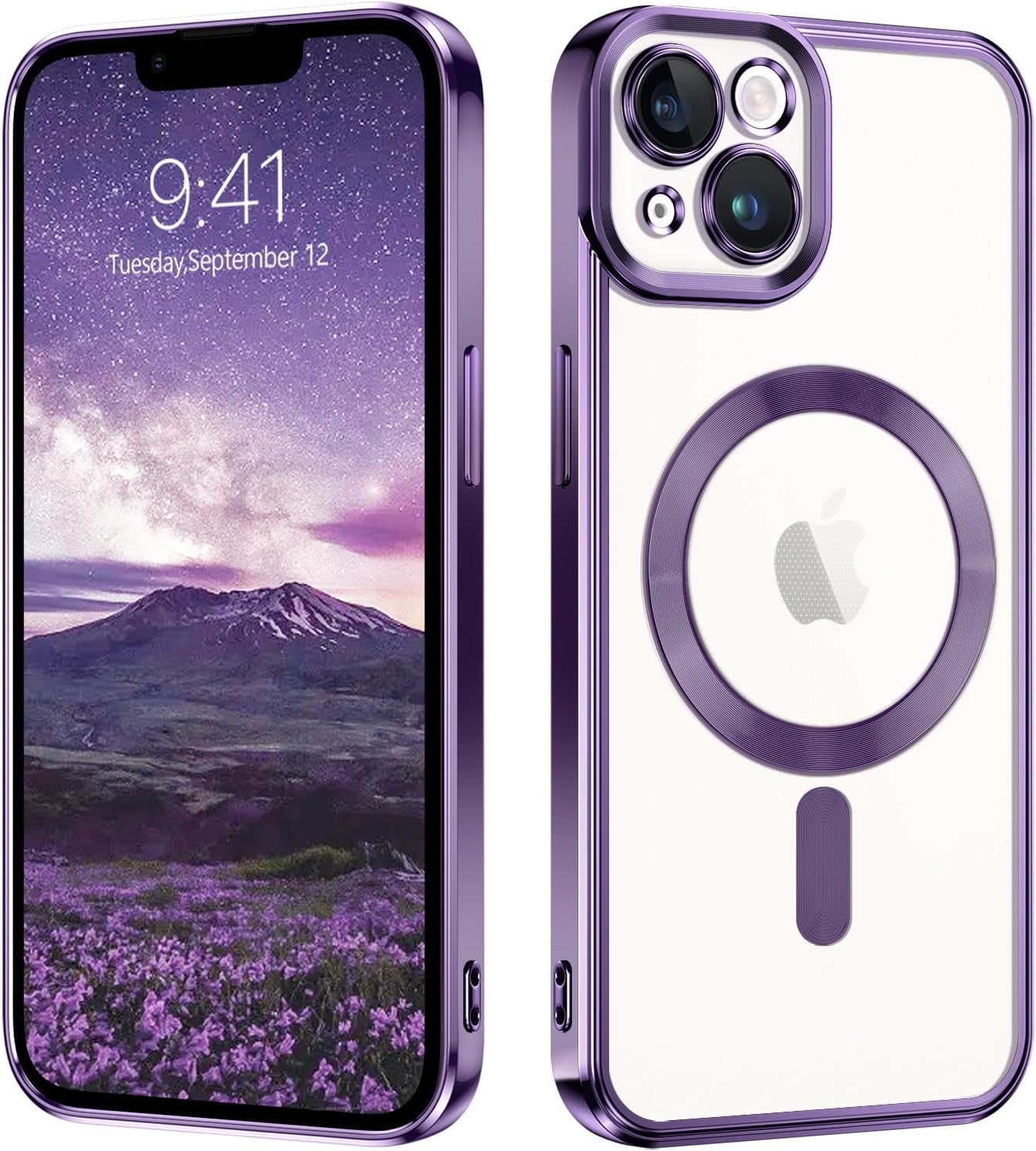 iPhone 13 Case - Cute luxury clear phone case with Magsafe support, shockproof, full-body camera protection. Designed for iPhone 13 2021, 6.1-inch. Clear purple color.