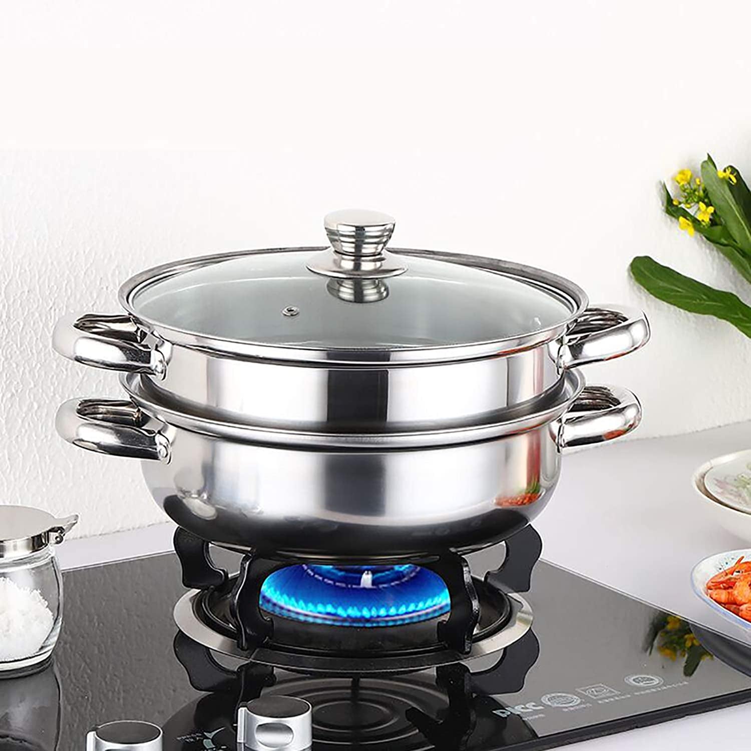 Stainless Steel 2-Tier Steamer Pot - 28cm Steamer Pot with Glass Lid for Cooking Vegetables, Dim Sum, and More. Versatile Cookware and Kitchen Tool for Steaming in the Kitchen.