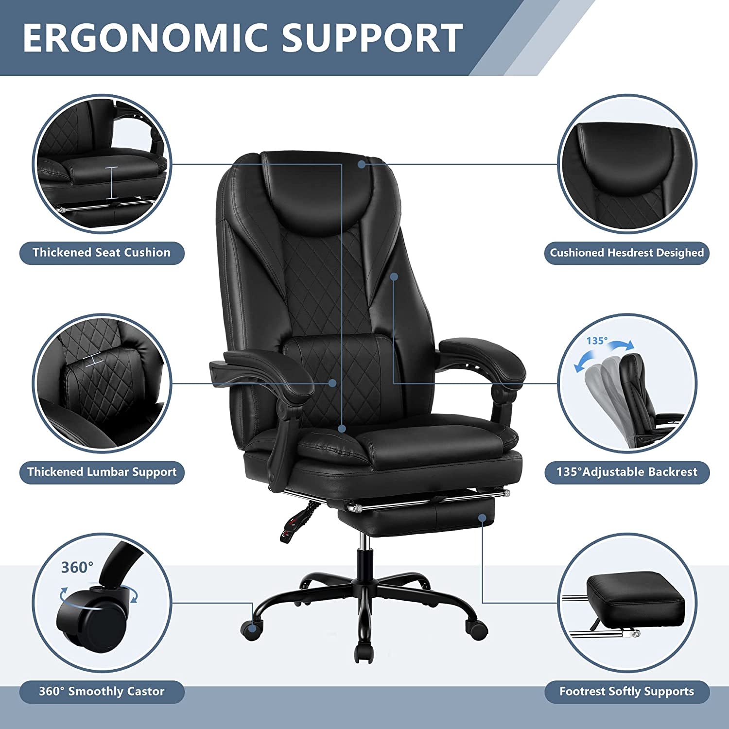 Executive Office Chair for Big and Tall Individuals - Features a Reclining Leather Chair with a Footrest, High Back, Lumbar Support, Ergonomic Design, and Padded Armrests, Suitable for Home Office Use. Available in Black.