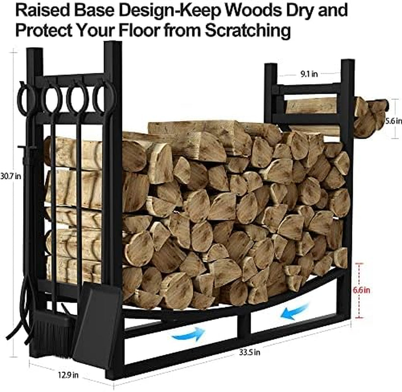 Spacious Firewood Rack with Fireplace Tools - Indoor/Outdoor Fireplace Tool Organizer, Robust Kindling Holder, Sturdy Wood Storage Log Rack, Stacker Stand with Stove Accessories in Black