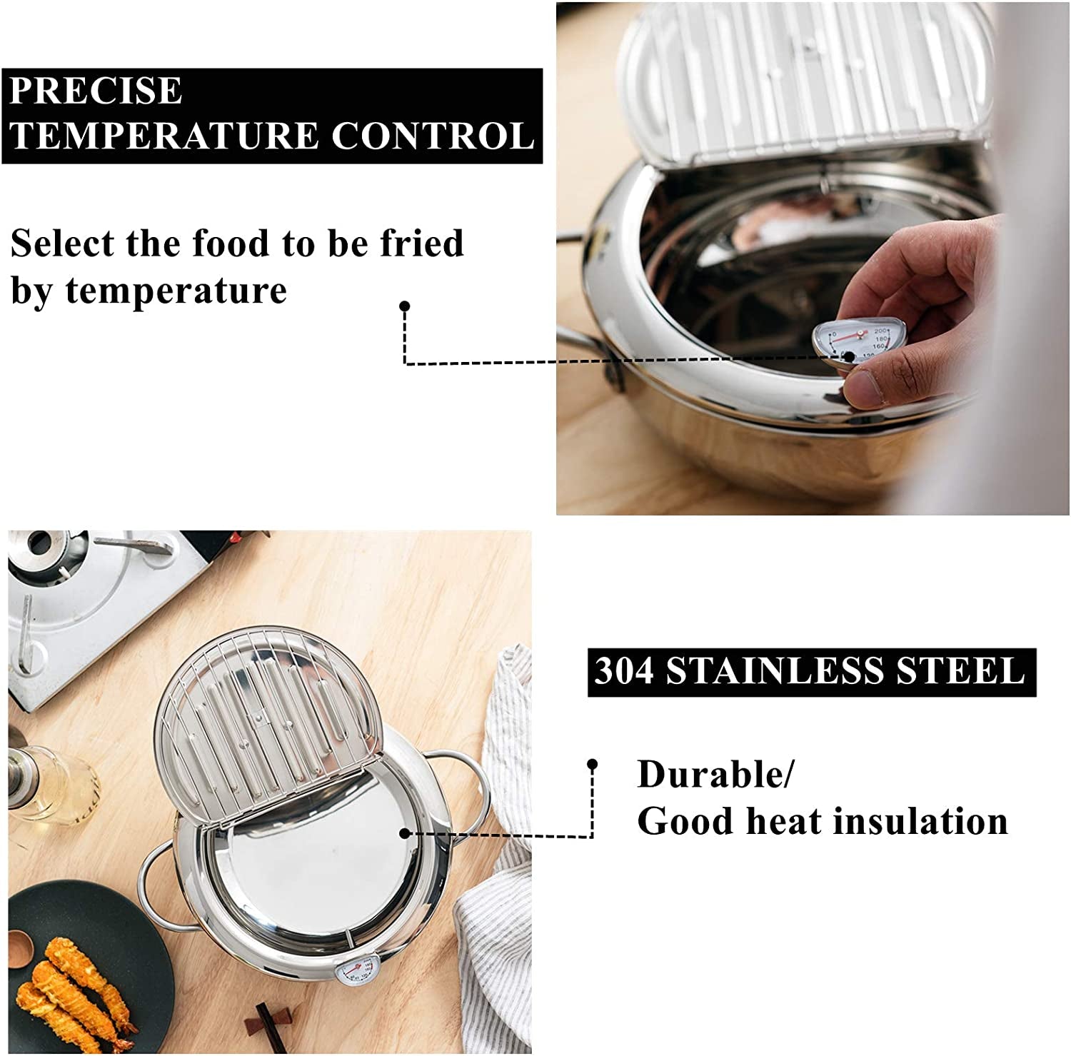 Japanese-Style Tempura Deep Fryer Pot: 304 Stainless Steel Frying Chicken Pot with Lid and Thermometer, 2.2L Capacity (Diameter: 6.5")