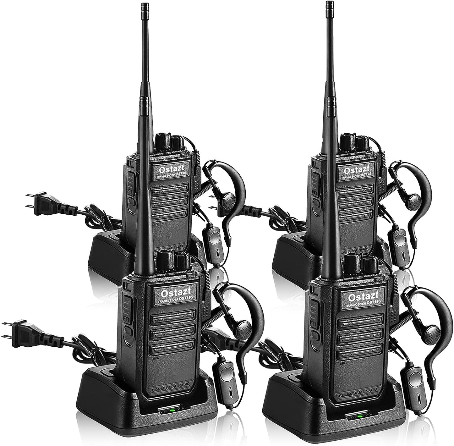 Set of 4 Long Range Rechargeable Two-Way Radios - Professional 16 Channel Handheld Walkie Talkies with Earpieces. Ideal for Home Use, Hiking, Camping, and more.