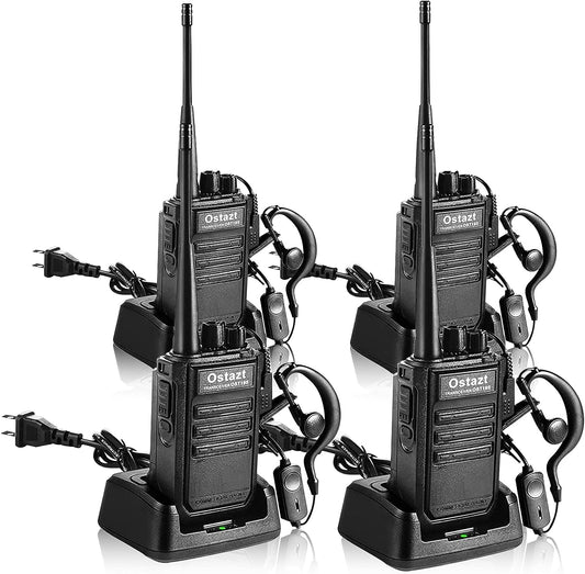 Set of 4 Long Range Rechargeable Two-Way Radios - Professional 16 Channel Handheld Walkie Talkies with Earpieces. Ideal for Home Use, Hiking, Camping, and more.