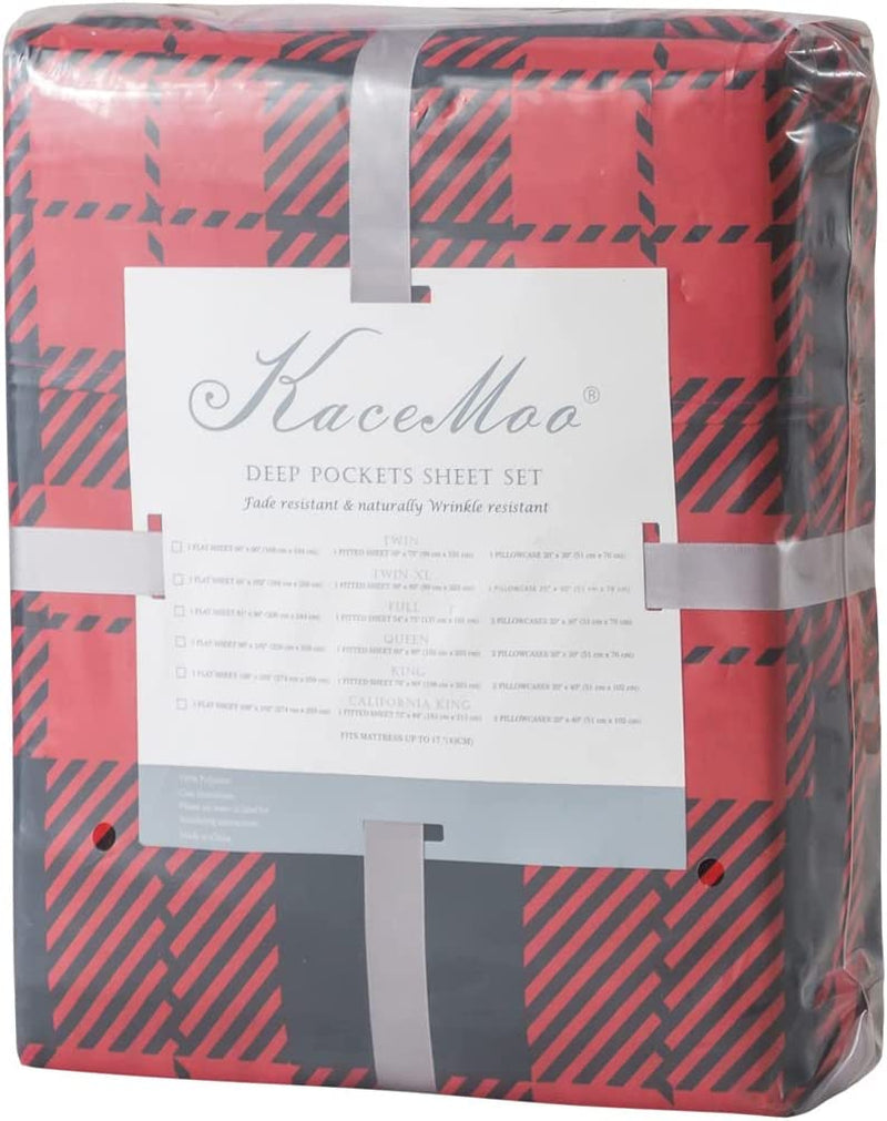 4-Piece King Size Bed Sheets Set - Red Black Plaid Patterned Sheets made from Soft and Warm 1800 Thread Count Brushed Microfiber. Designed with an 8-17" Deep Pocket for a secure fit on your mattress. These Winter Warm Bedsheets are Machine Washable 
