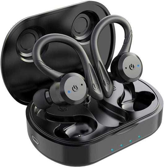 Wireless Bluetooth Sport Earbuds - IPX7 Waterproof, Earhook Design, Stereo Sound, Built-in Mic, Portable Charging Case (Black)