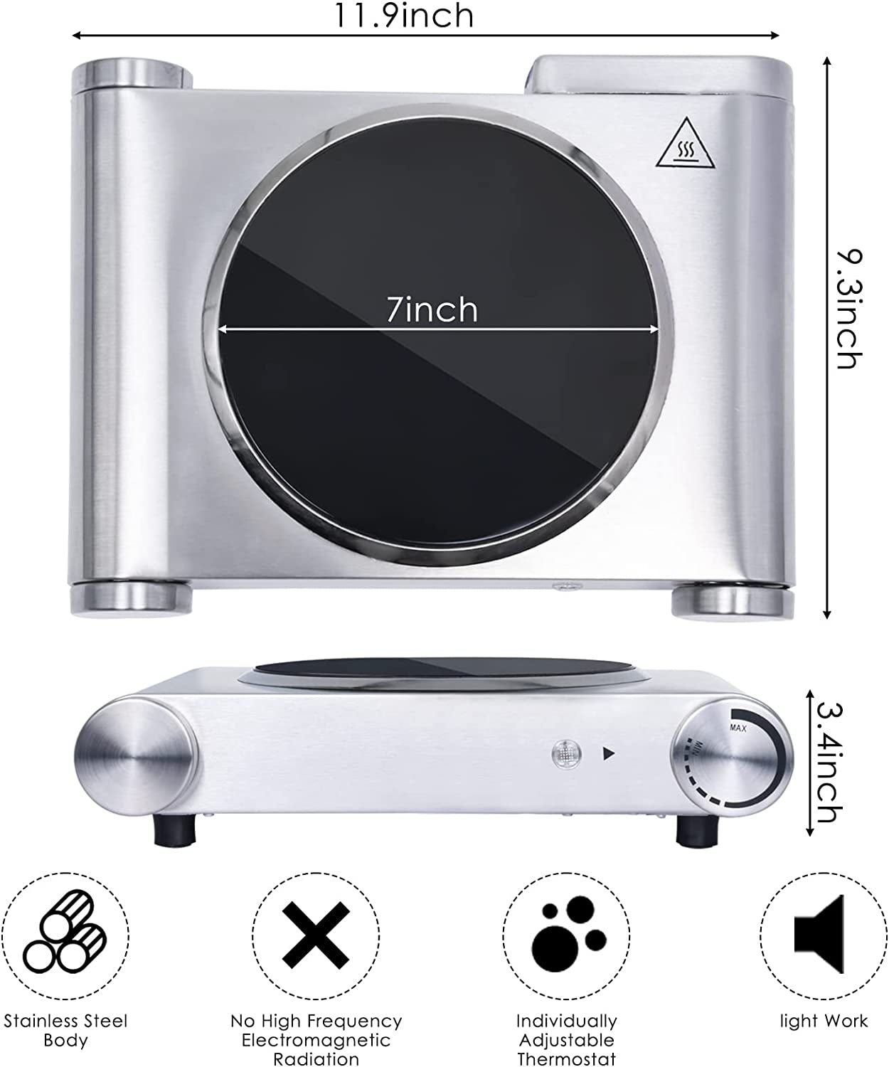 Single Burner Electric Hot Plate - 1200W Countertop Electric Cooktop, Portable Electric Stove in Stainless Steel. Features Temperature Control and Easy-to-Clean Surface.