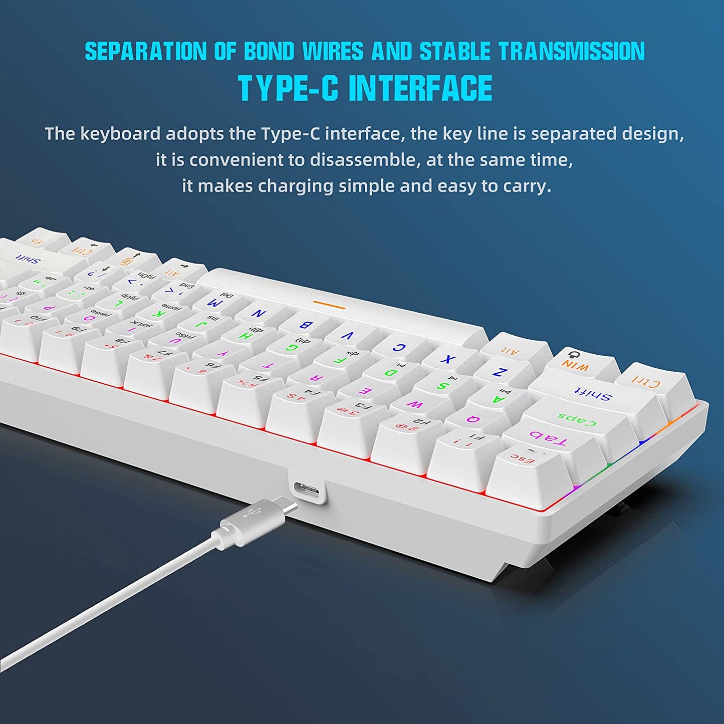 Ultra-Compact White Wired 60% Mechanical Gaming Keyboard - 61 Key Keyboard with Blue Switch, Anti-Ghosting, RGB Backlit, and Double Foot.