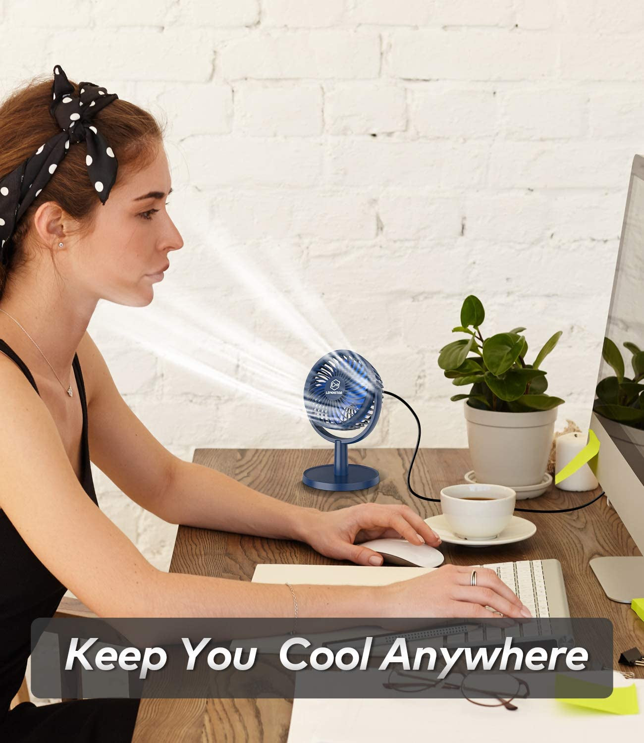 USB Powered Portable Desk Fan: Offers 4 Speeds with Strong Airflow and 310° Rotation. Designed for Quiet Operation, Perfect for Desktops, Home, Office, Bedroom, and Car Use. Available in Light Blue.