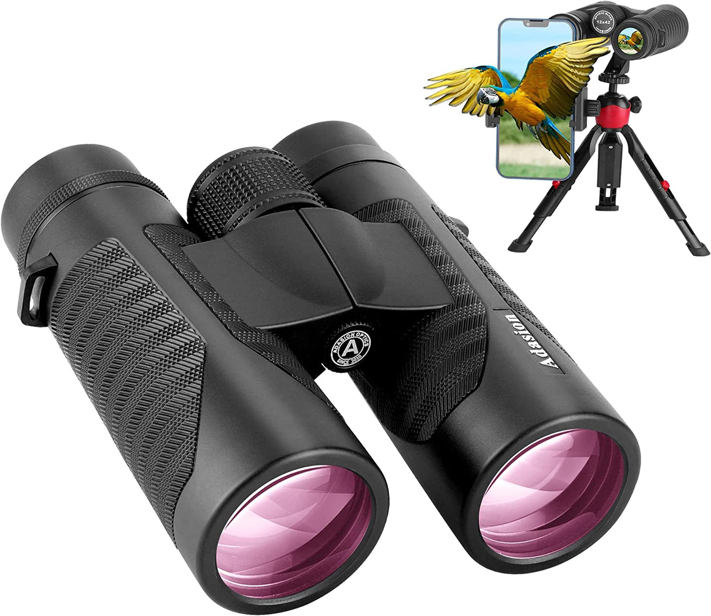 12X42 High Definition Binoculars for Adults with Phone Adapter and Foldable Tripod, Super Bright High Power Binoculars with Large View, Lightweight Binoculars for Bird Watching Hunting Sports