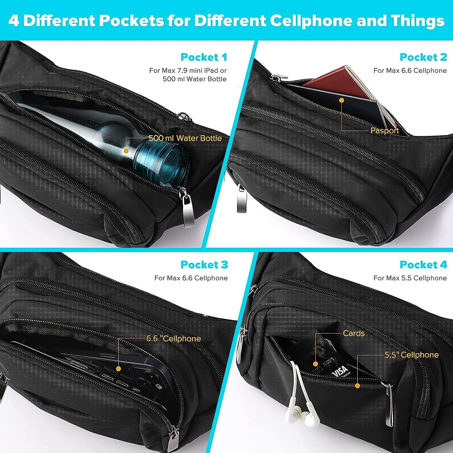 Large Capacity Waterproof Fanny Pack for Women and Men - Includes 4 Pockets - Running Belt Fits MAX 7.9'' iPad & 6.6'' Cellphone iPhone - Complete with Cooling Towel - Color: Blue.
