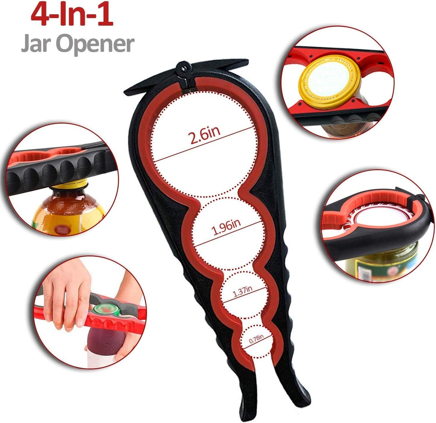 5-in-1 Multi-Function Kitchen Tool: Jar Opener, Manual Can Opener, Bottle Opener Kit in Red. Easily Open a Variety of Cans, Bottles, Jars, Beer, and Soda Pops with the Silicone Hand Gripper Aid.