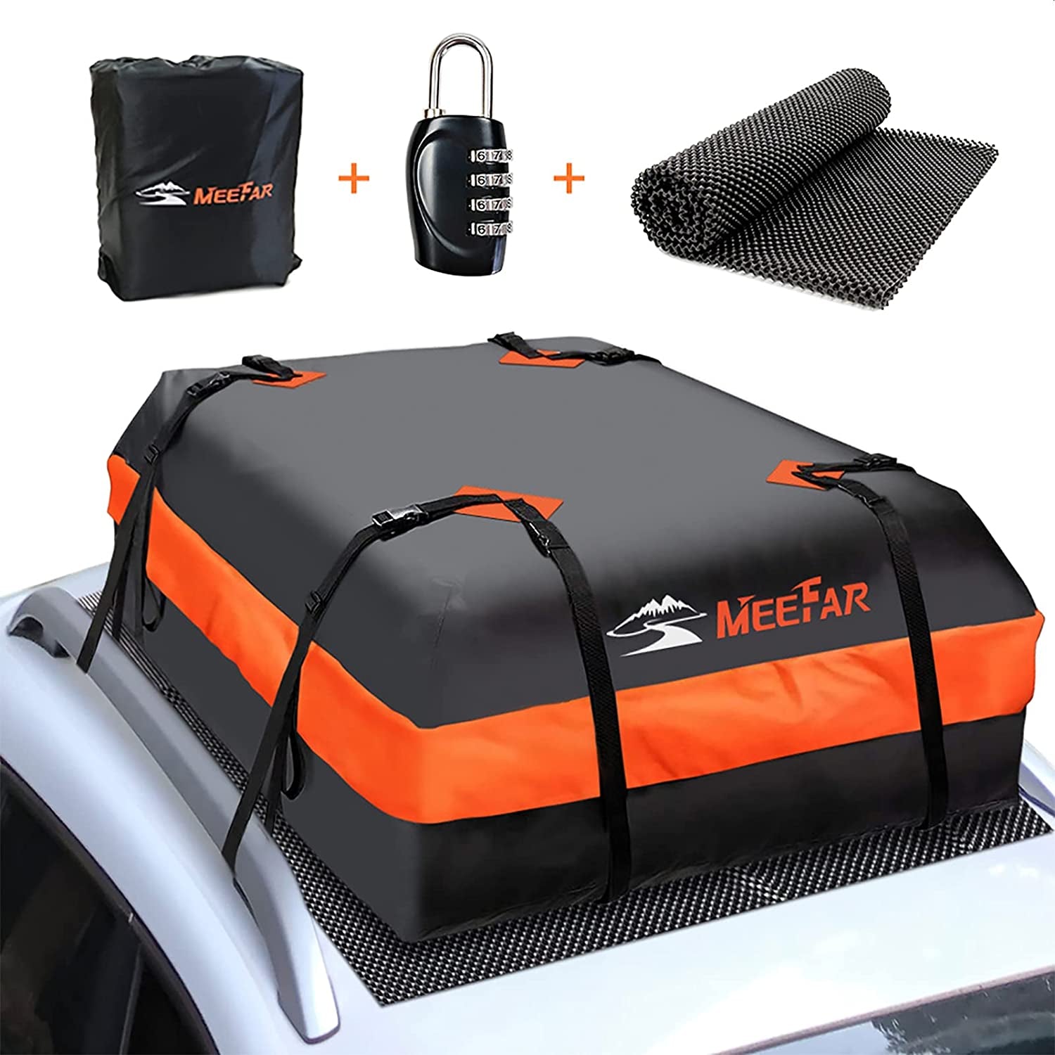 15 Cubic Feet Car Roof Bag - Waterproof Rooftop Cargo Carrier Bag - Fits All Cars with or without Racks - Includes Anti-Slip Mat, 8 Reinforced Straps, 6 Door Hooks, and Luggage Lock for Secure Transportation.