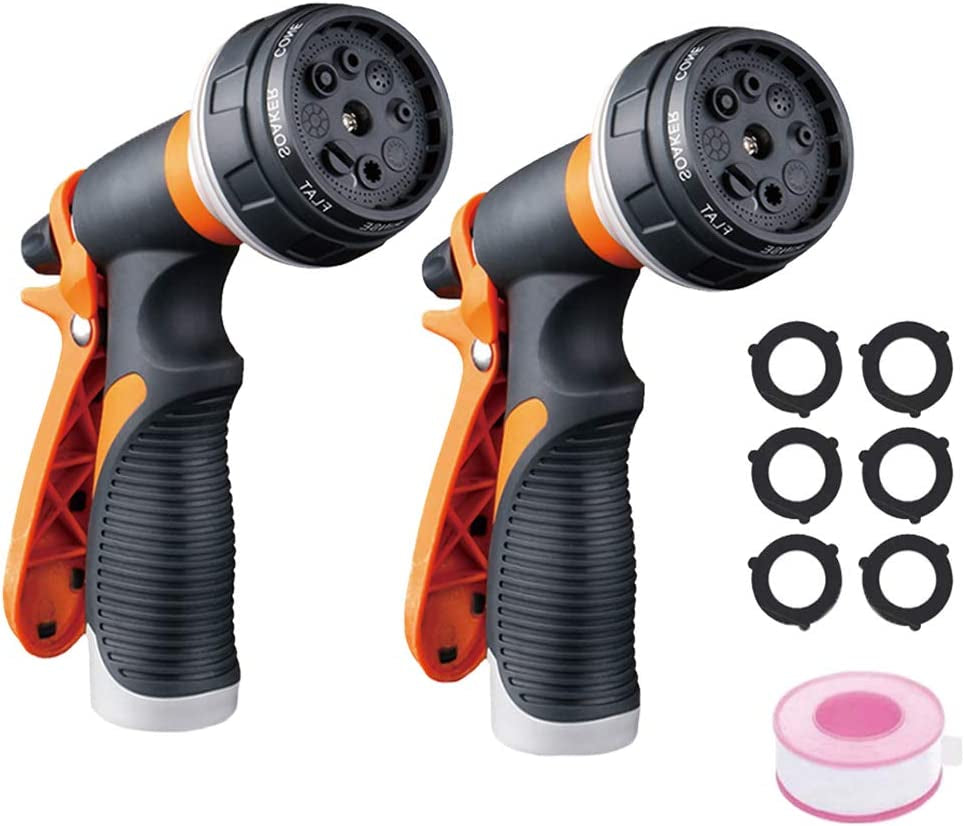 Garden Hose Nozzle - Set of 2 Watering Hose Nozzles - Hand Sprayer with 8 Spray Patterns for Efficient Garden Watering, Car Wash, Cleaning, and Pet Showering (Orange)