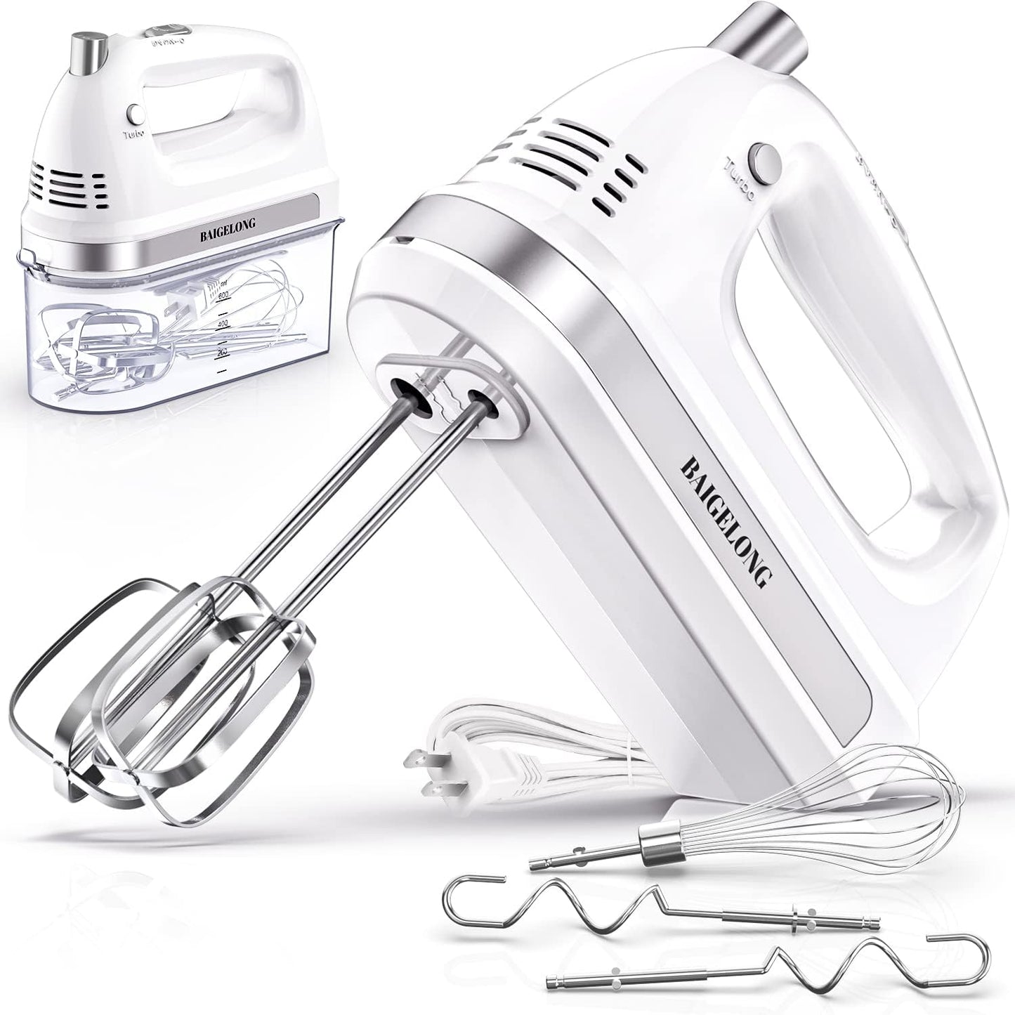 300W Ultra Power Electric Hand Mixer with 5 Self-Control Speeds + Turbo Boost - Includes 5 Stainless Steel Attachments for Baking - White Color