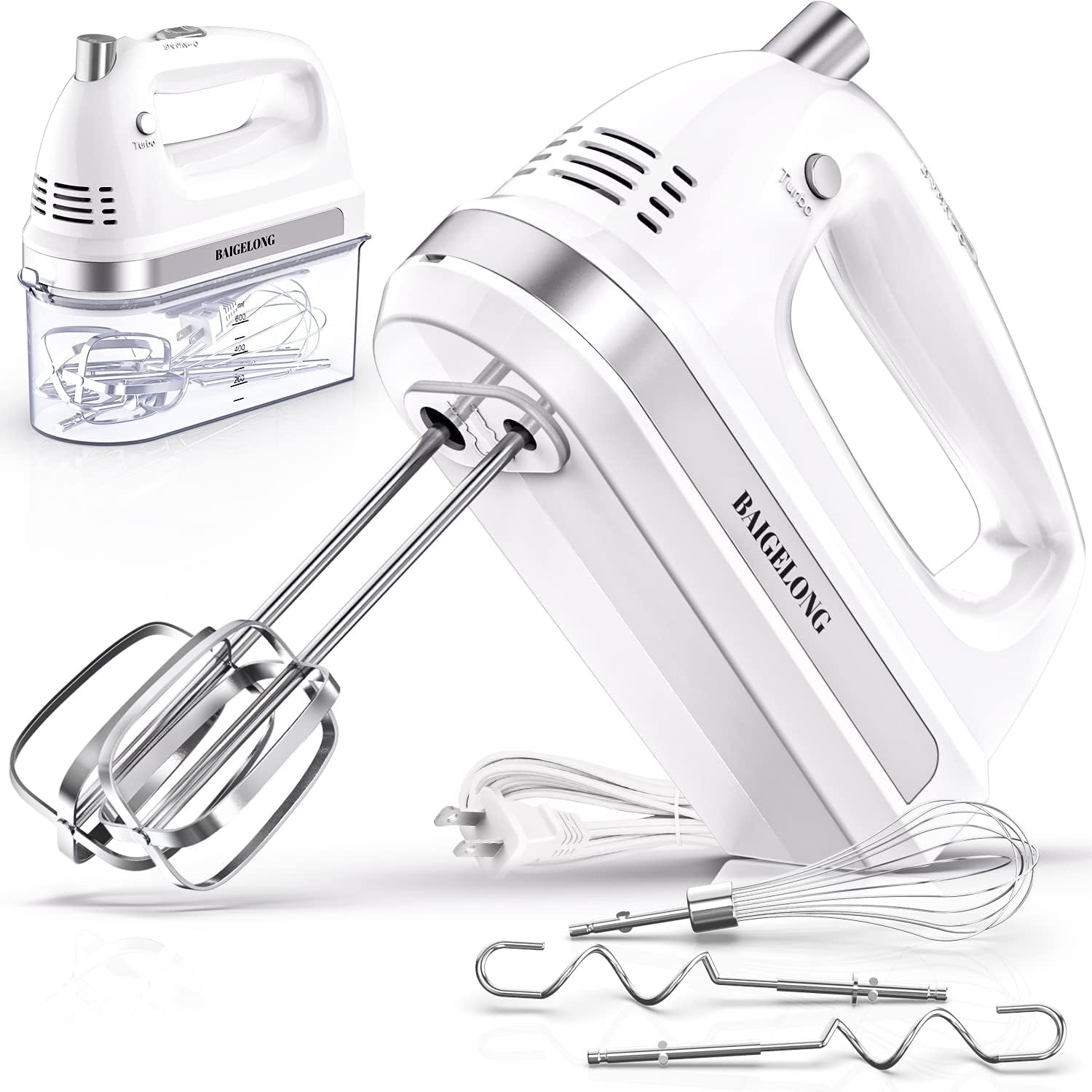 300W Ultra Power Electric Hand Mixer with 5 Self-Control Speeds + Turbo Boost - Includes 5 Stainless Steel Attachments for Baking - White Color