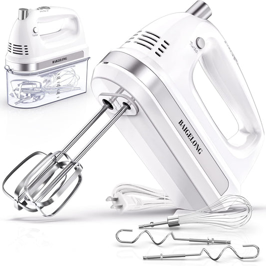 300W Ultra Power Electric Hand Mixer with 5 Self-Control Speeds + Turbo Boost - Includes 5 Stainless Steel Attachments for Baking - White Color