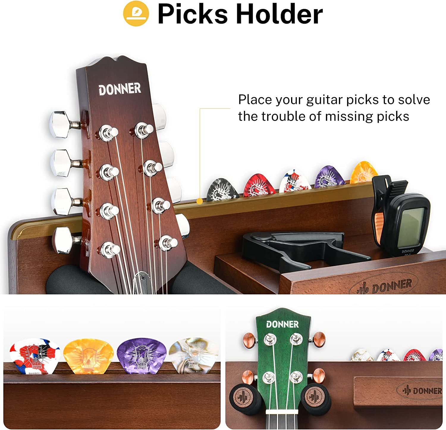 Guitar Wall Mount Shelf - This Guitar Wall Hanger comes with a Storage Shelf, Pick Holder, and 2 Hooks. It's designed for securely hanging Electric Guitars, Acoustic Guitars, Bass Guitars, and Guitar Accessories while also providing storage space.