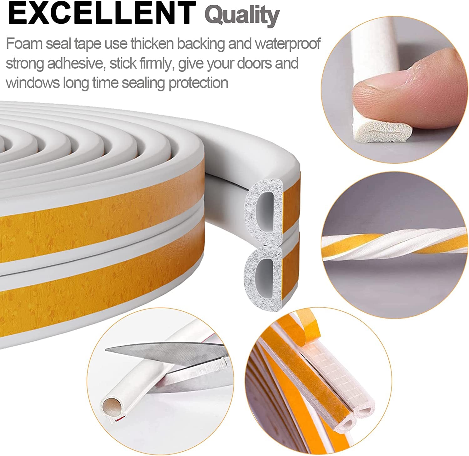 Durable Self-Adhesive Door and Window Weather Stripping, Soundproofing Draught Excluder Strip for Cracks and Gaps, 33 Ft, White
