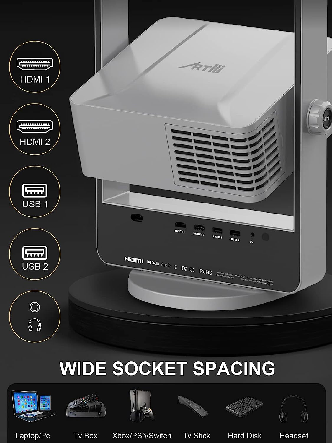 High-Quality Outdoor Projector - 4K Resolution, Auto Focus & Keystone Correction, Dolby Audio, Anti-Direct Eye Protection. Equipped with 2X10W Speakers for Enhanced Bass Effect. Offers 5G Wifi, Bluetooth, USB, and HDMI Connectivity