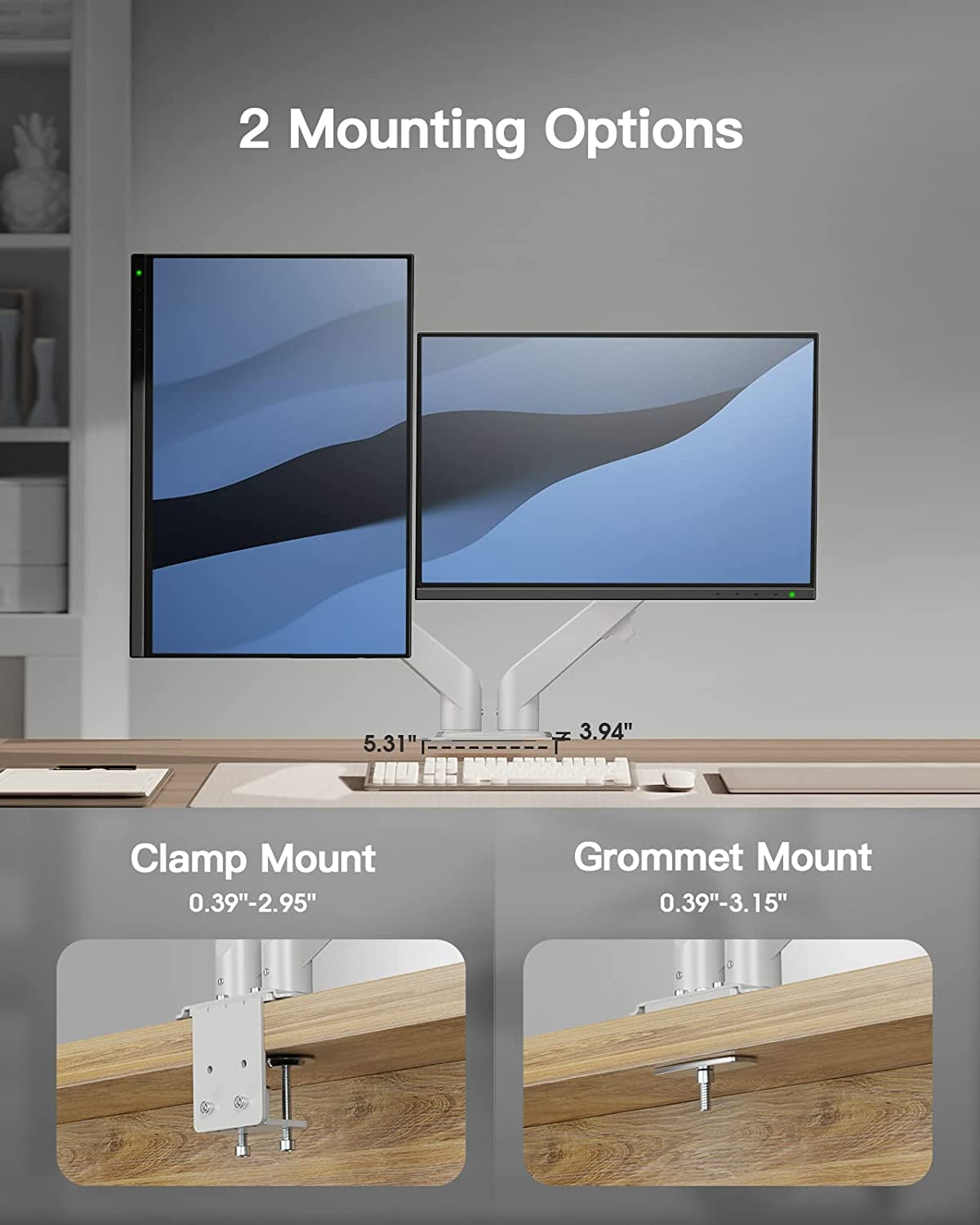 White Dual Monitor Stand with Gas Spring Adjustment - Supports 13-27 inch Screens up to 14.3 lbs Each, Featuring Dual Arms for Swivel, Tilt, Rotation, and Extension, Max VESA 100x100 Compatibility.