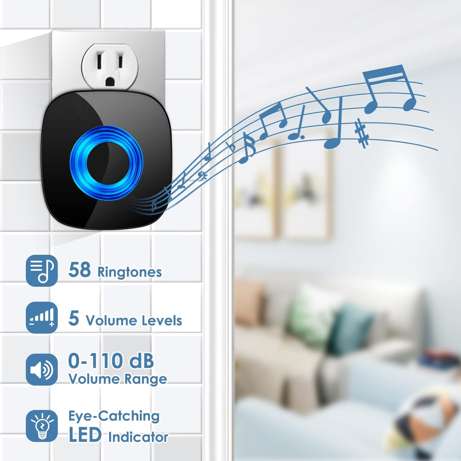 Waterproof Wireless Doorbell, Door Bell Chimes with Mute Mode, 58 Door Chimes, 5 Volume Levels, 1300-ft Range, 4 Receivers & 2 Doorbell Buttons for Home with LED Strobe, Black