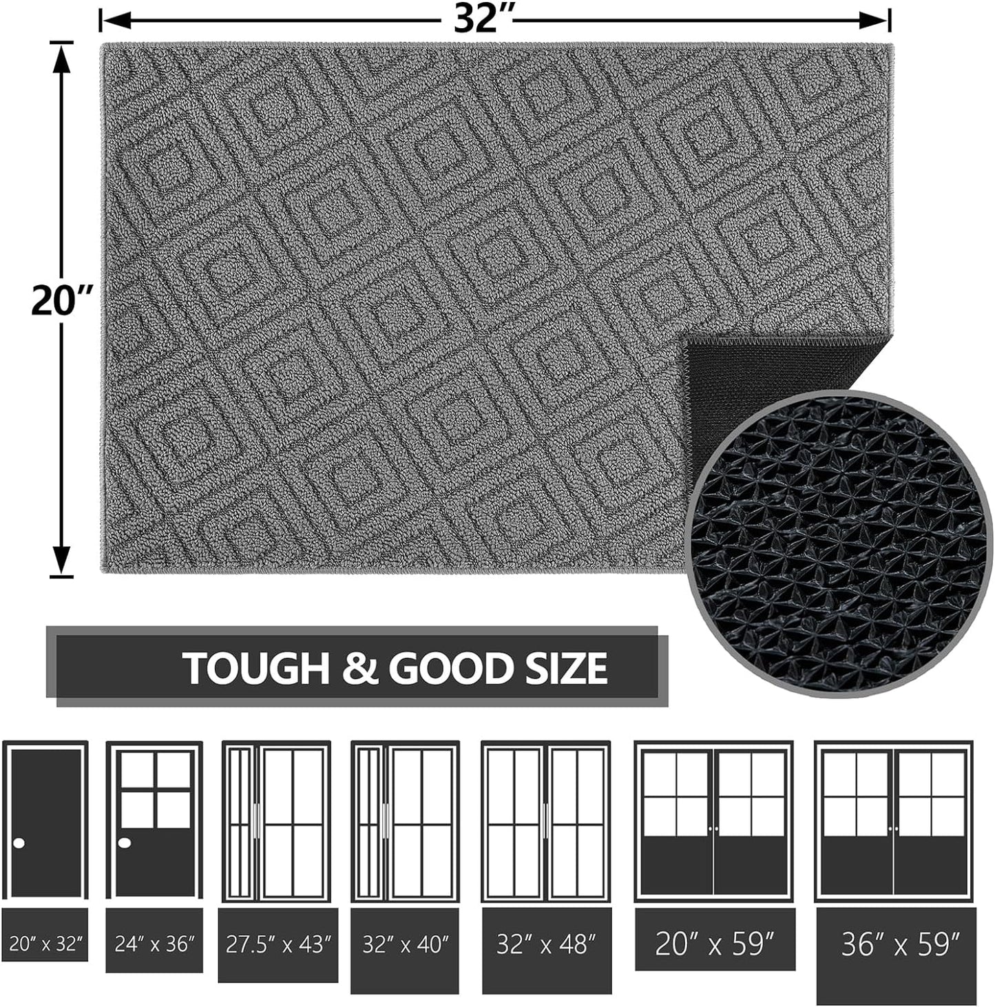 High-Quality Indoor Doormat with Non-Slip Rubber Backing, Absorbent and Dirt-Resistant Entrance Mat for Front and Back Doors - 20"x32" - Low-Profile Design, Machine Washable - Ideal for Entryways (Grey)