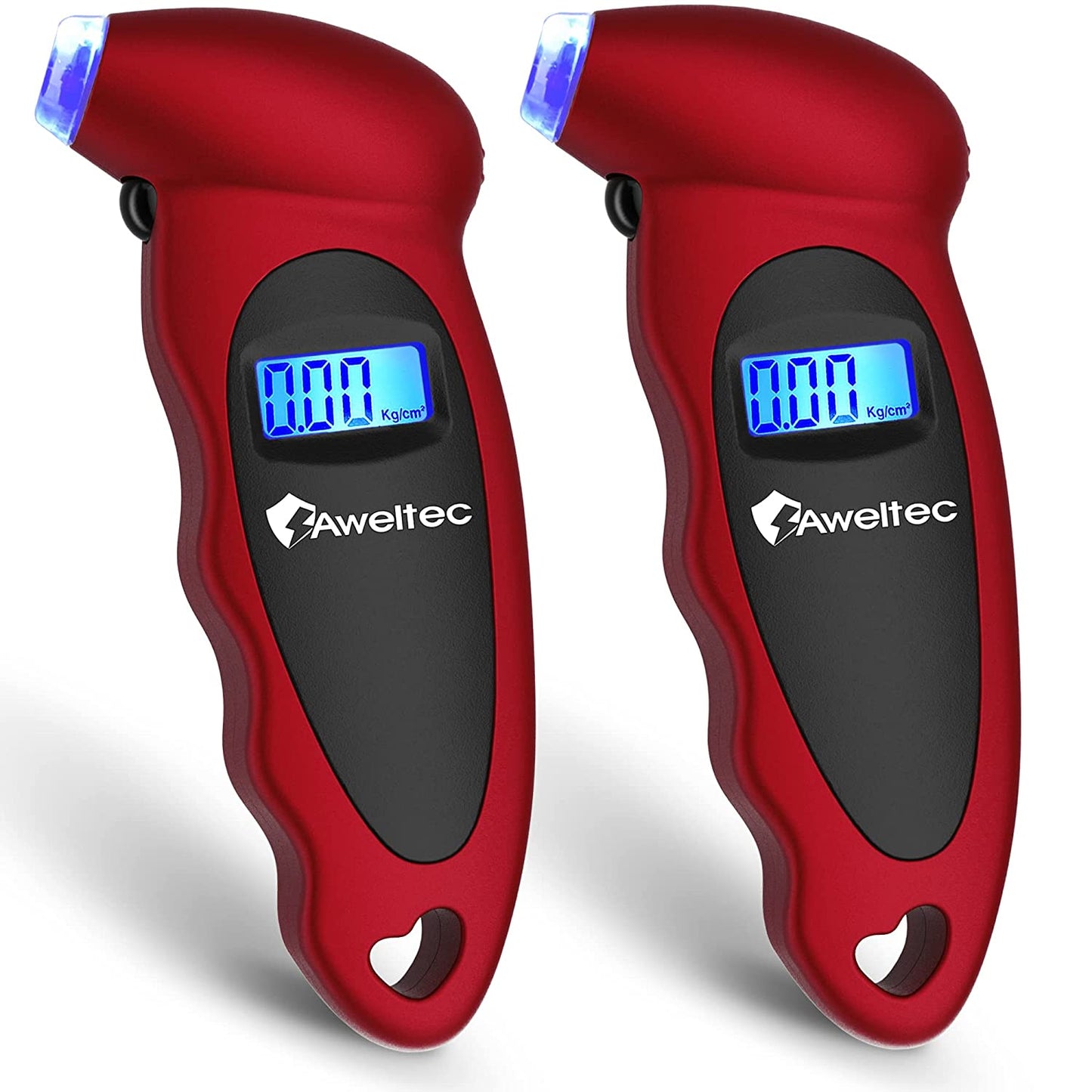 Set of 2 Digital Tire Pressure Gauges: 150 PSI, 4 Pressure Settings, Suitable for Cars, Trucks, Motorcycles, and Bicycles. Features Backlit LCD and Non-Slip Grip for Easy and Accurate Reading. Color: Red.