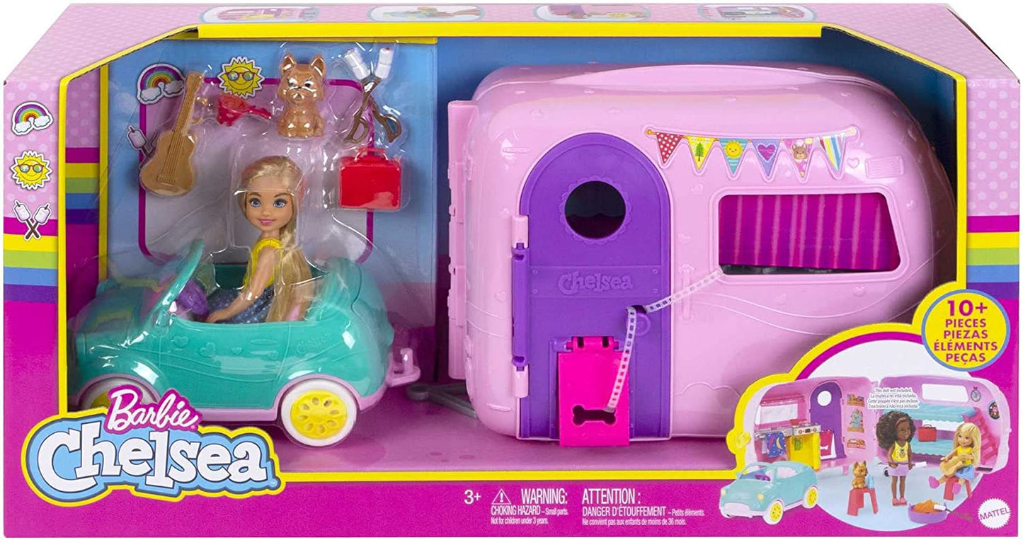 Club Chelsea Toy Car & Camper Playset - Includes Blonde Chelsea Small Doll, Puppy, and 10+ Accessories. Unhitch & Open for Campsite Fun.