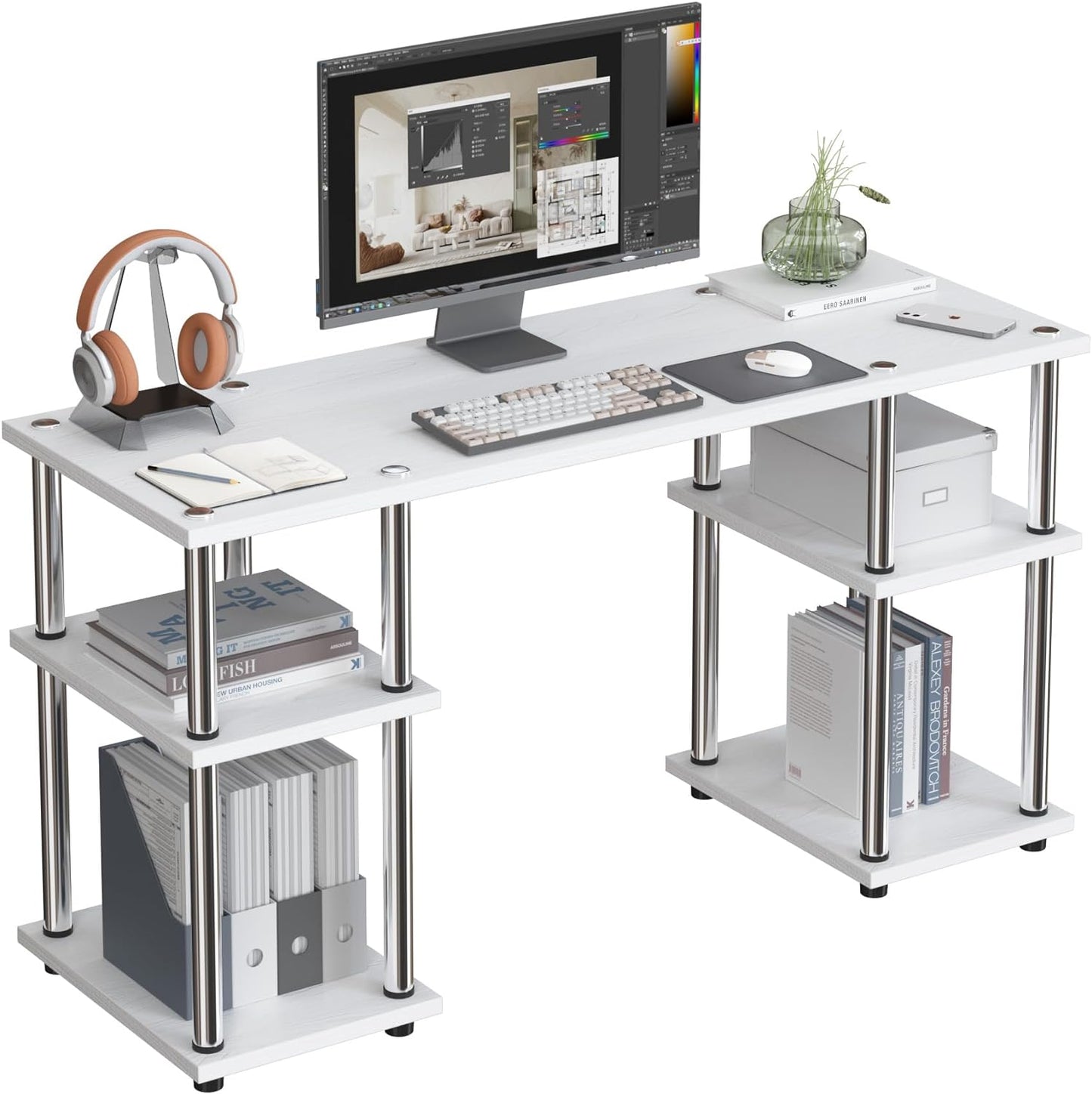 Spacious Computer Desk with Storage Shelves - Contemporary Laptop Table for Study, Writing, and Gaming - Sleek and Minimalist Design - Ideal for Home Office - White Metal Frame