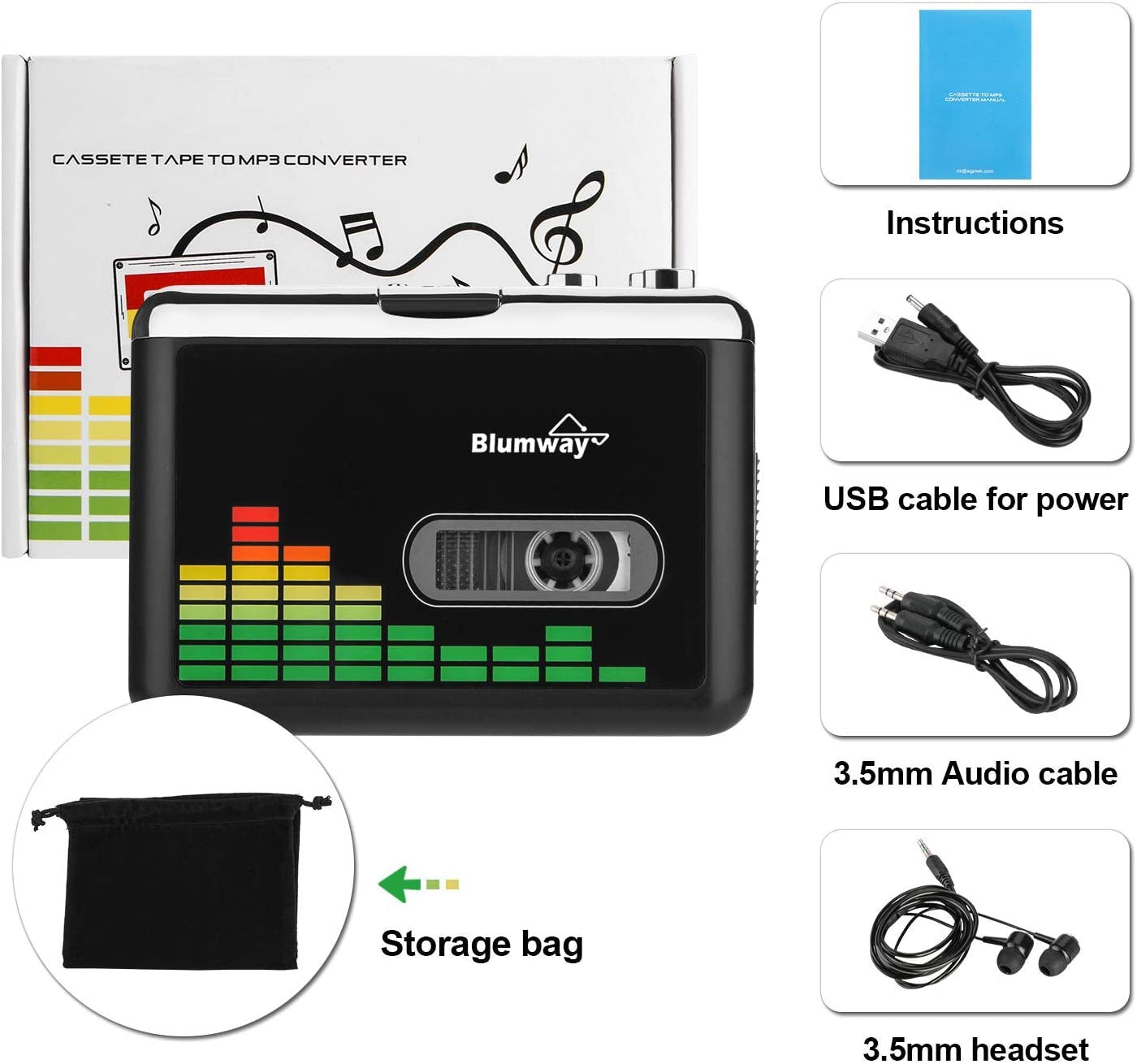 Portable Walkman-Style USB Cassette to MP3 Converter - Transform Your Audio Music Cassette Tapes to Digital Format with Included Earphones, No Computer Required