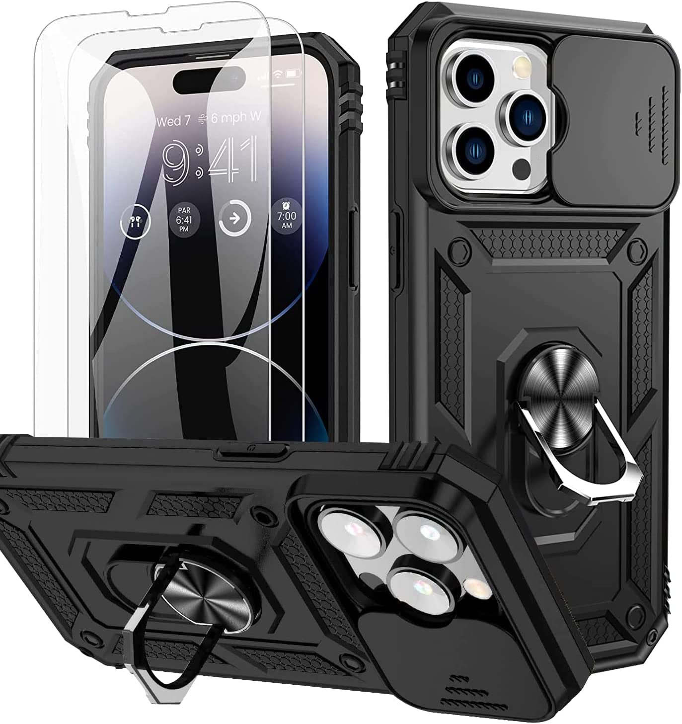 iPhone 14 Pro Max Case with 2PCS Tempered Glass Screen Protector - Provides 360 Full Body Military-Grade Drop Protection - Heavy Duty Phone Case with Ring Kickstand Bumper - Designed for iPhone 14 Pro Max 6.7.