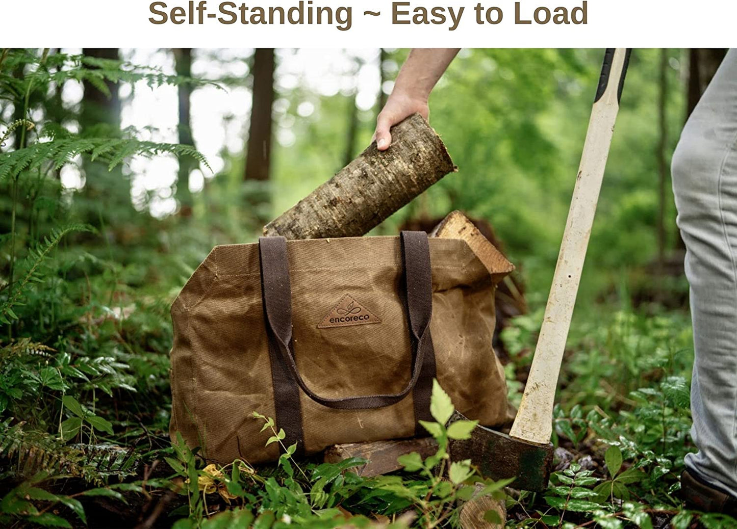 Heavy Duty 22oz Waxed Canvas Bag - Self-Standing Firewood Carrier, Extra Large Water Resistant Log Carrier. Ideal for Fireplace, Wood Stove, Camping, Gardening, Fire Pit, Storage, and More.