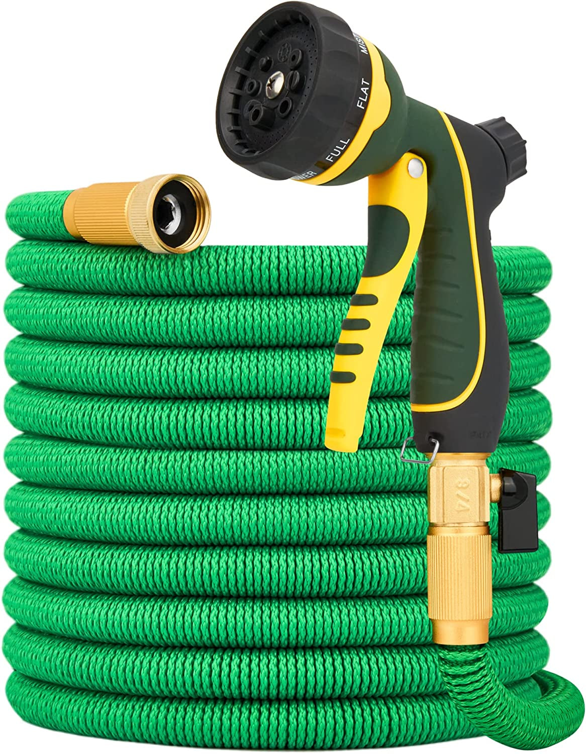 25 FT Expandable and Flexible Garden Hose: Made with Strength Durable Fabric and 12-Layer Latex Inner Tube. Lightweight, Easy to Store, and Kink-Free Water Hose. Features Leakproof Solid Brass Fittings with Nozzle. Available in Green.